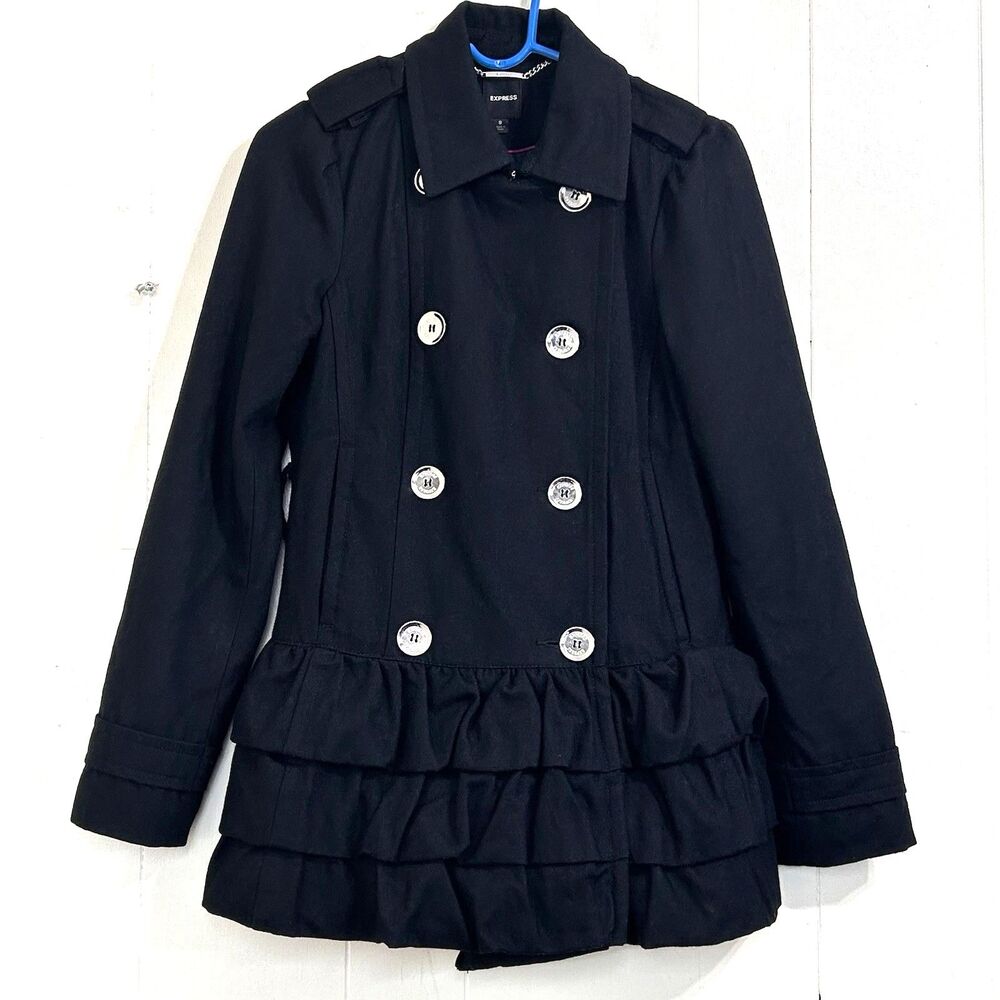 Express Women’s Black Long Sleeve Collared Double Breasted Pea Coat Size Small